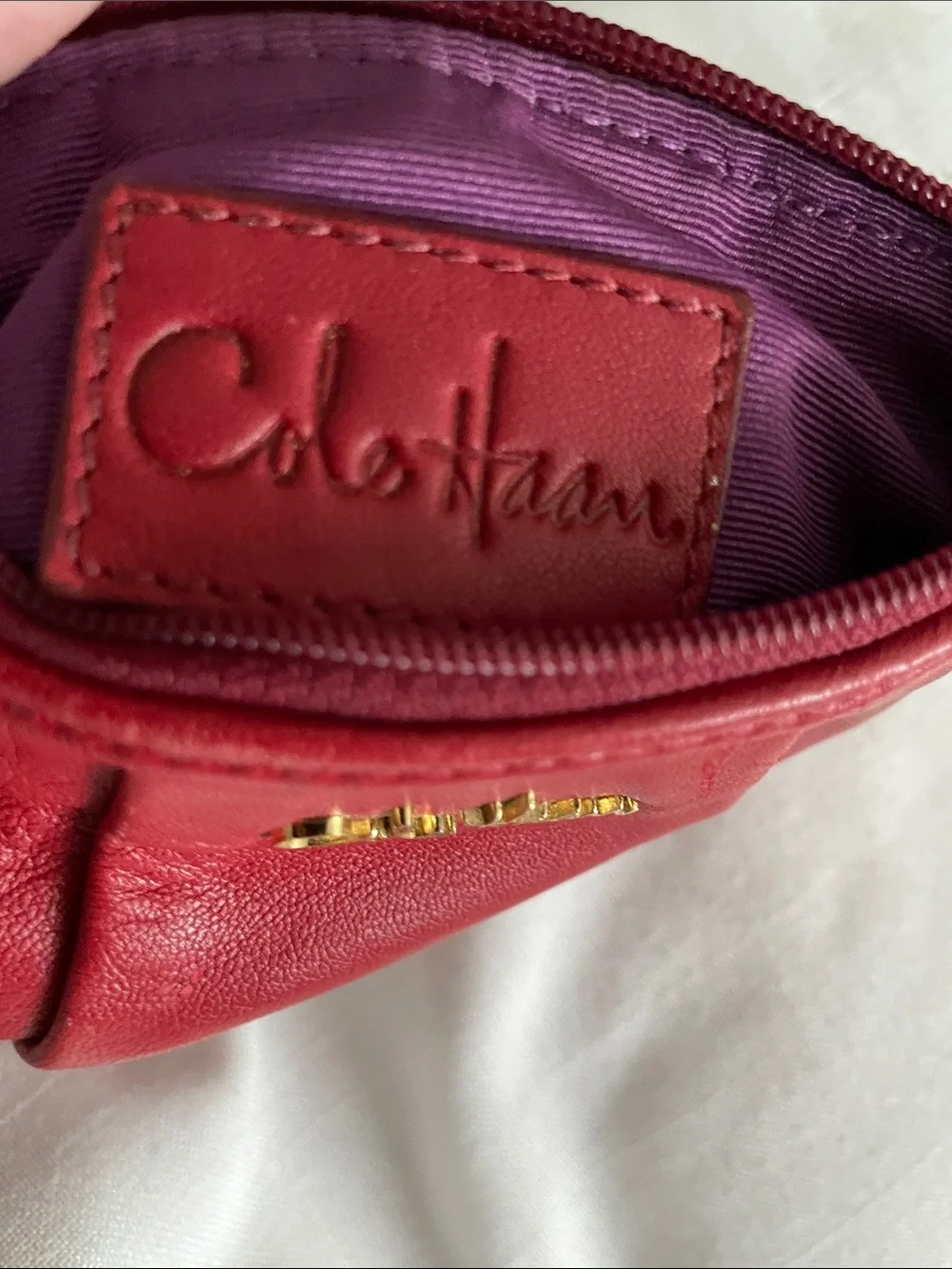 Cole Haan Red Leather Wristlet Clutch with Gold Logo EUC